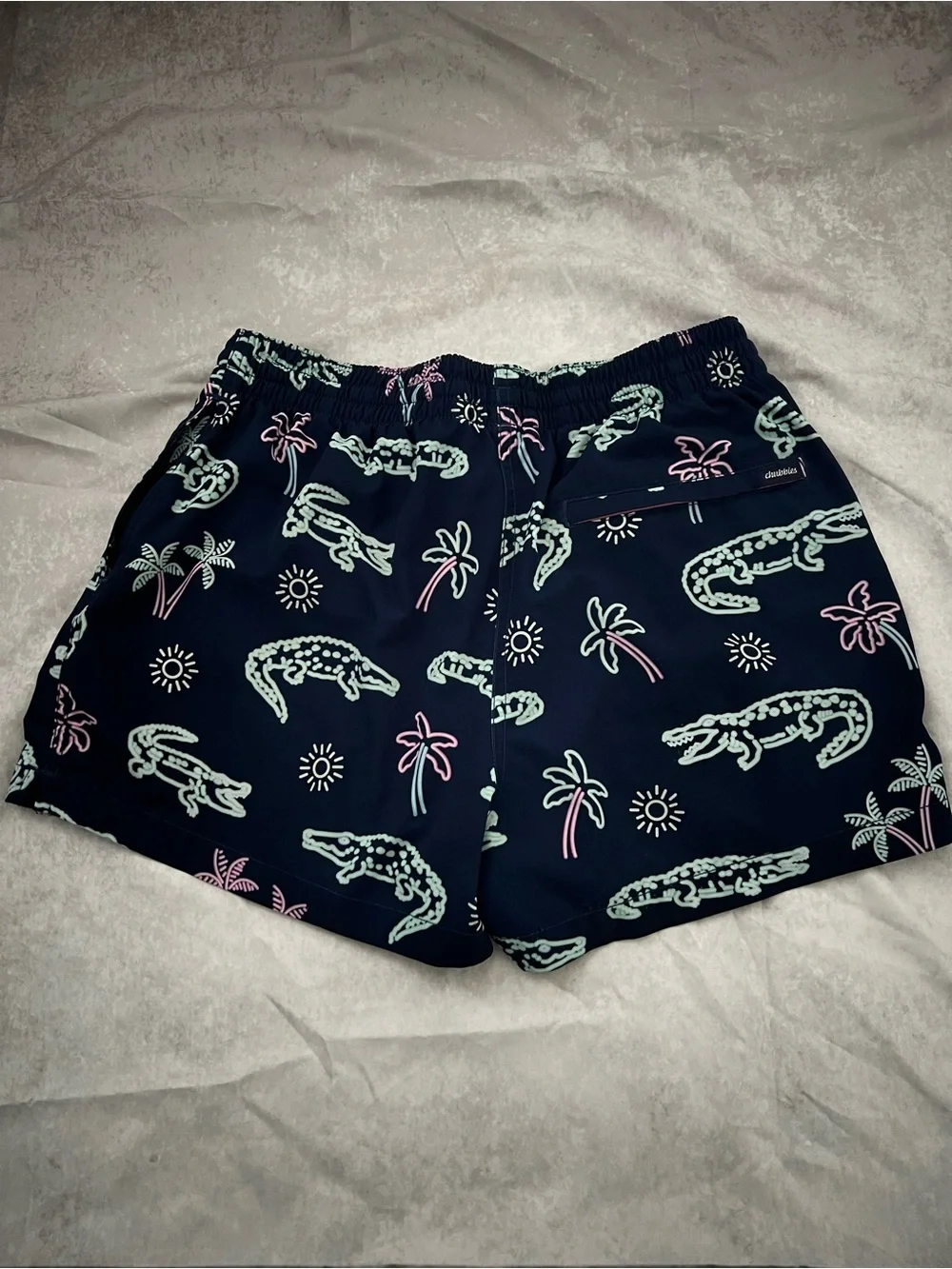 chubbies Navy Swim Trunks with Mint & Pink Alligator Print